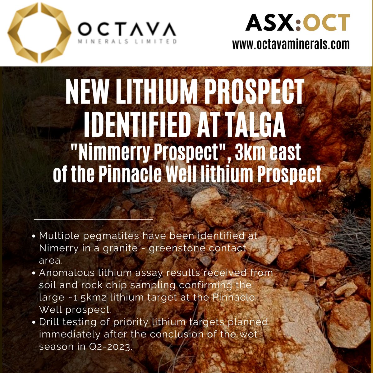 OctavaMins's tweet photo. $OCT a WA focused #explorer of the #greenenergy metals #Lithium, #PGM &amp; #Nickel has identified the presence of a new #lithium prospect at Talga, 3km to the east of the Pinnacle Well lithium prospect and ~10km n-e of the Archer Lithium Deposit

More: https://t.co/kWAAfazFnt https://t.co/ptOej1VHJZ