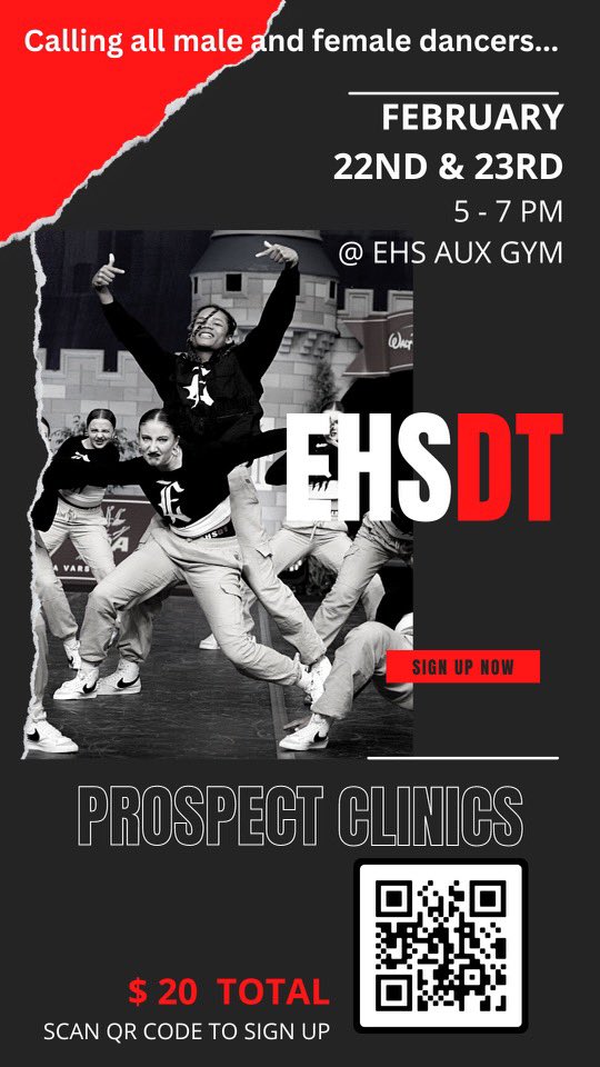 Interested in finding out more about the EHSDT? Come to our Prospect Clinic next week! Open to 7-11 grade. 🔗 in bio.