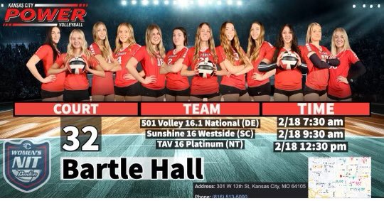 Schedule is out for 2/18/2023  <a href="/TCVolleyball/">TC Volleyball</a> in Kansas City mo. 
Come watch us play <a href="/kcpowervb/">KC Power Volleyball</a> 16 black <a href="/VBAdrenaline/">VB Adrenaline</a> <a href="/PrepDig/">Prep Dig 🏐</a> <a href="/lily_wedman/">lily wedman</a> <a href="/2025AlexKlukvin/">Alex Klukvin</a> <a href="/AllisonHeck34/">Allison Heck</a> <a href="/Ava_Lynn12/">Ava Lynn</a> <a href="/addie_hashagen/">Addie Hashagen</a> Ella S, Ayla K., Maren C. <a href="/EllaDavidsonVB/">Ella Davidson</a> MJ, Sophia S, <a href="/AshleeChavez25/">Ashlee Chavez</a> #letsgo