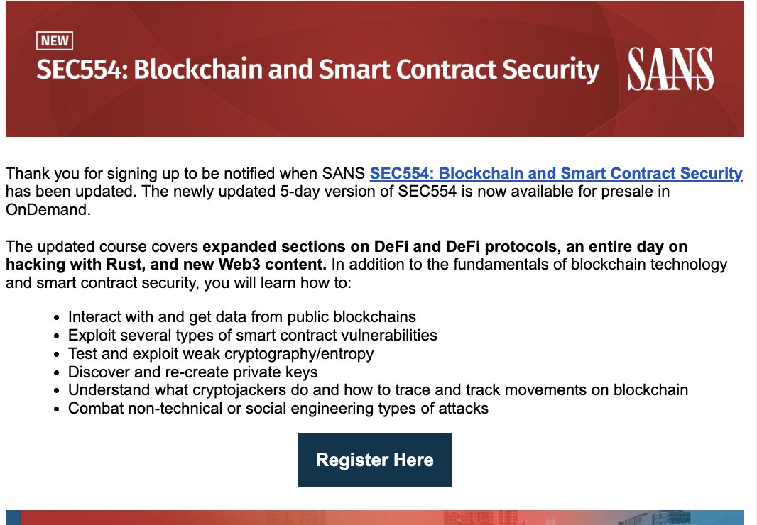 HalbornSteve's tweet photo. The 5-Day On-Demand version of my @SANSInstitute course #SEC554 #Blockchain and #SmartContract #Security is now available for prepurchase.
Release on May 19th!
https://t.co/BMhN78doJZ https://t.co/YsGP2gwGNk