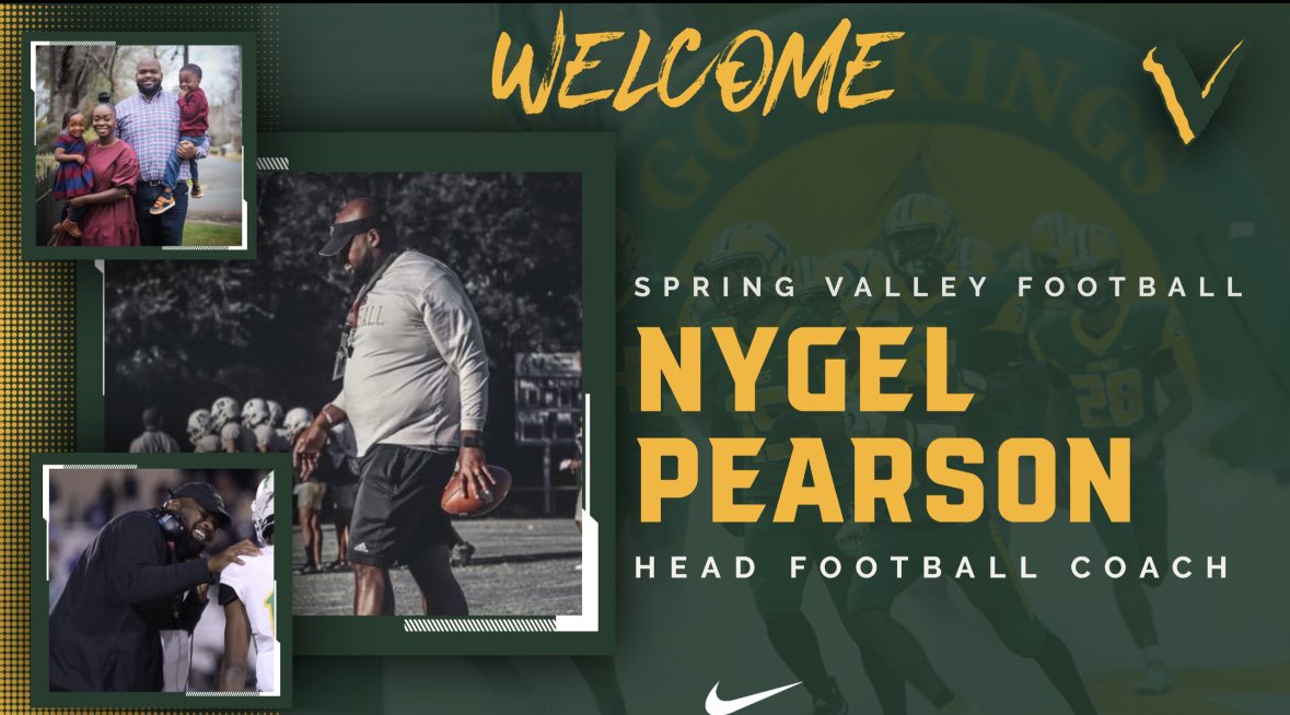 Viking Nation! Please help us welcome our new Head Football Coach , Nygel Pearson!! <a href="/CoachNPearson/">Nygel Pearson</a>  <a href="/SV_Vikings/">Spring Valley</a> <a href="/JTemoney/">Jeff E. Temoney</a>  @TheValley_FB