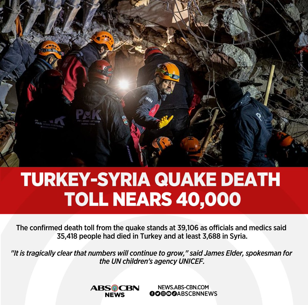ABSCBNNews's tweet photo. Earthquake death toll in Turkey and Syria climbs to nearly 40,000, according to authorities.

More details in this report: https://t.co/irBg5MCpjC https://t.co/vWubN2ABj2