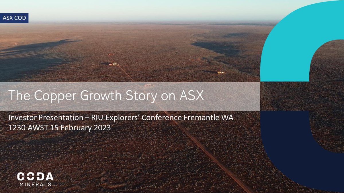CodaMinerals's tweet photo. Investor Presentation –  Catch Chris Stevens present today at 12:30pm at RIU Explorers’ Conference, Fremantle WA.
https://t.co/R6Ryzb1lGy
$COD #CodaMinerals #mining #miningaus #copper #stockmarket #investors  #exploration #RIUExplorers23 https://t.co/2sswf3hNDn