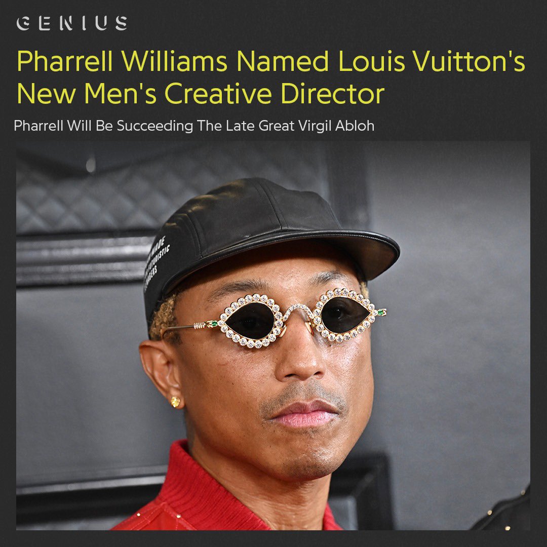 Genius's tweet photo. #louisvuitton has named #pharrellwilliams as its new men’s creative director, succeeding the late #virgilabloh. the announcement was made tuesday by lv chairman &amp; ceo pietro beccari. pharrell’s first collection with lv is set to debut next june during men’s fashion week in paris. https://t.co/CpOcauo1lp