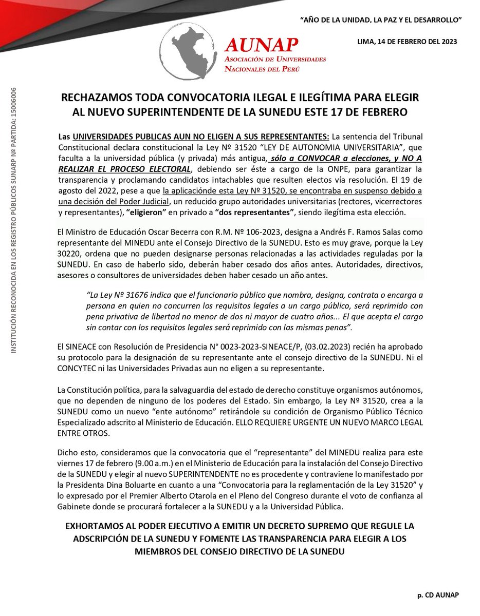 #Urgente| La AUNAP rechaza toda convocatoria ilegal e ilegítima para elegir al nuevo Superintendente de la #SUNEDU este 17 de febrero.