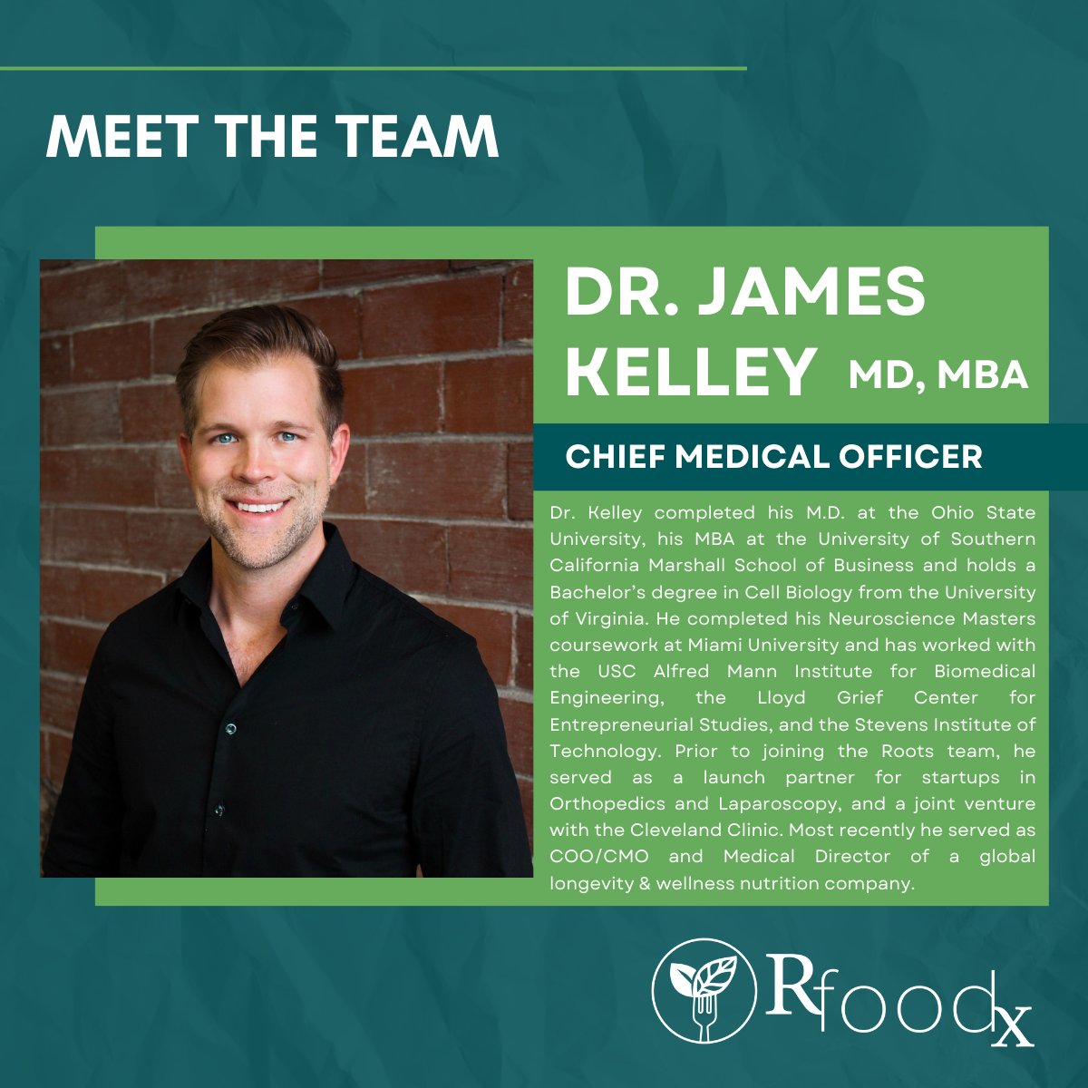 RootsFoodGroup's tweet photo. We are excited to welcome James Kelley, MD, MBA as a Rfoodx Nutrition Specialist! #GrowingRoots #Rfoodx https://t.co/HJcNu4XnmB