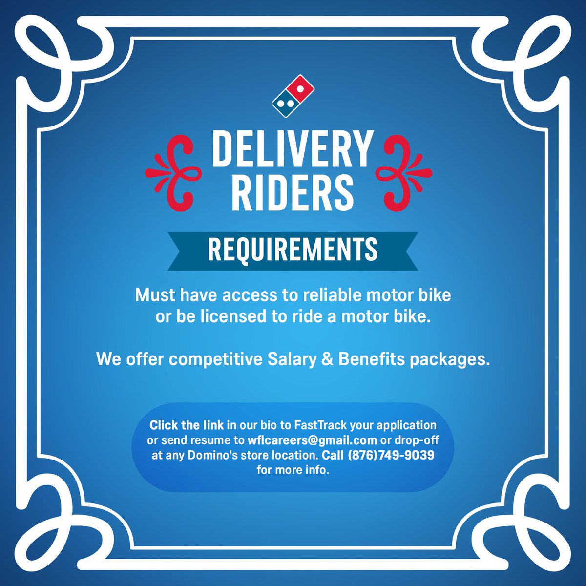 DominosJa's tweet photo. We are looking for YOU to join our Awesome Team 🎊!

Click the link in our bio to FastTrack your application or send resume to email - wflcareers@gmail.com or drop-off at any Domino's store location. Swipe ⏪for more information. 

Call (876) 749-9039 for more info.

#DominosJa https://t.co/2B1wDbJ1uQ