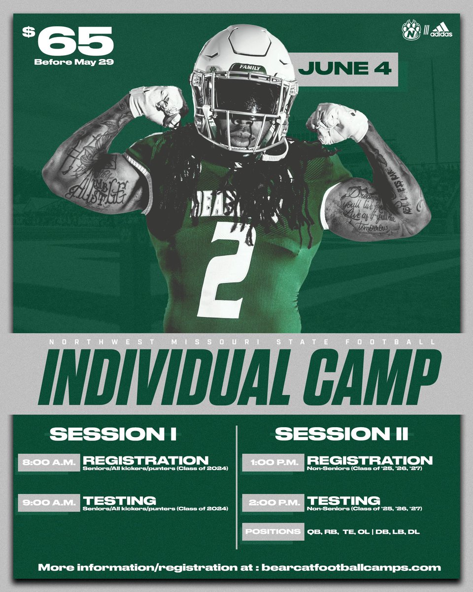 Register to compete with the best in the Midwest! Attached below is the link to register for camp! bearcatfootballcamps.com/individual-cam…