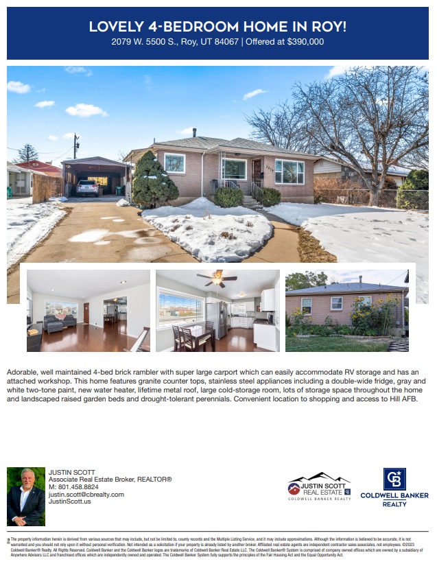 JUST IN Listed!  Roy, UT $390K, 4-bed full-brick rambler, great condition, RV storage, workshop, lifetime metal roof, near shopping and Hill Air Force Base (Roy/West gate).  Check it out! Justin Scott - Coldwell Banker Realty
#coldwellbankerrealty #utahrealestate #HillAFB