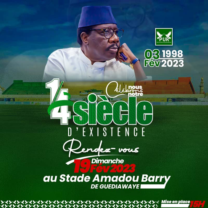 JeunessePUR's tweet photo. 📌 1/4 de siècle ça se célèbre !

Un seul événement !
Une seule date!
Un seul lieu !
Le 19 février 2023, au stade Amadou Barry de Guediawaye pour célébrer les 25 ans d'existence PUR.

Si c'est PUR je m'engage !-
-
-
-
#SerigneMoustaphaSy
#AlMaktoum
#Senegalaise
#Démocratie https://t.co/0TVChxcbhH