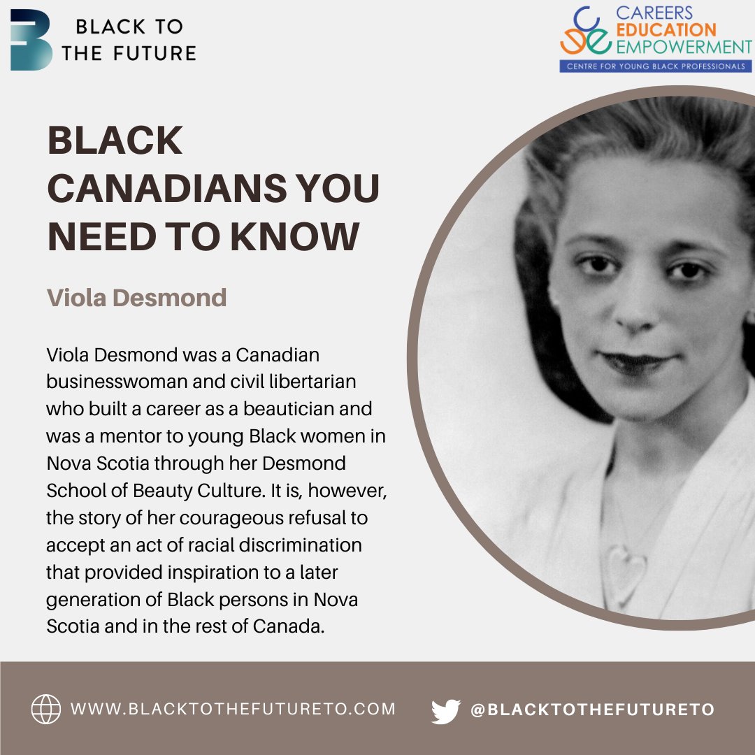 Viola Desmond was a Canadian businesswoman and civil libertarian who built a career as a beautician. The story of her courageous refusal to accept an act of racial discrimination provided inspiration to the Black community in Canada.

Viola is now on the Canadian $10 bill.