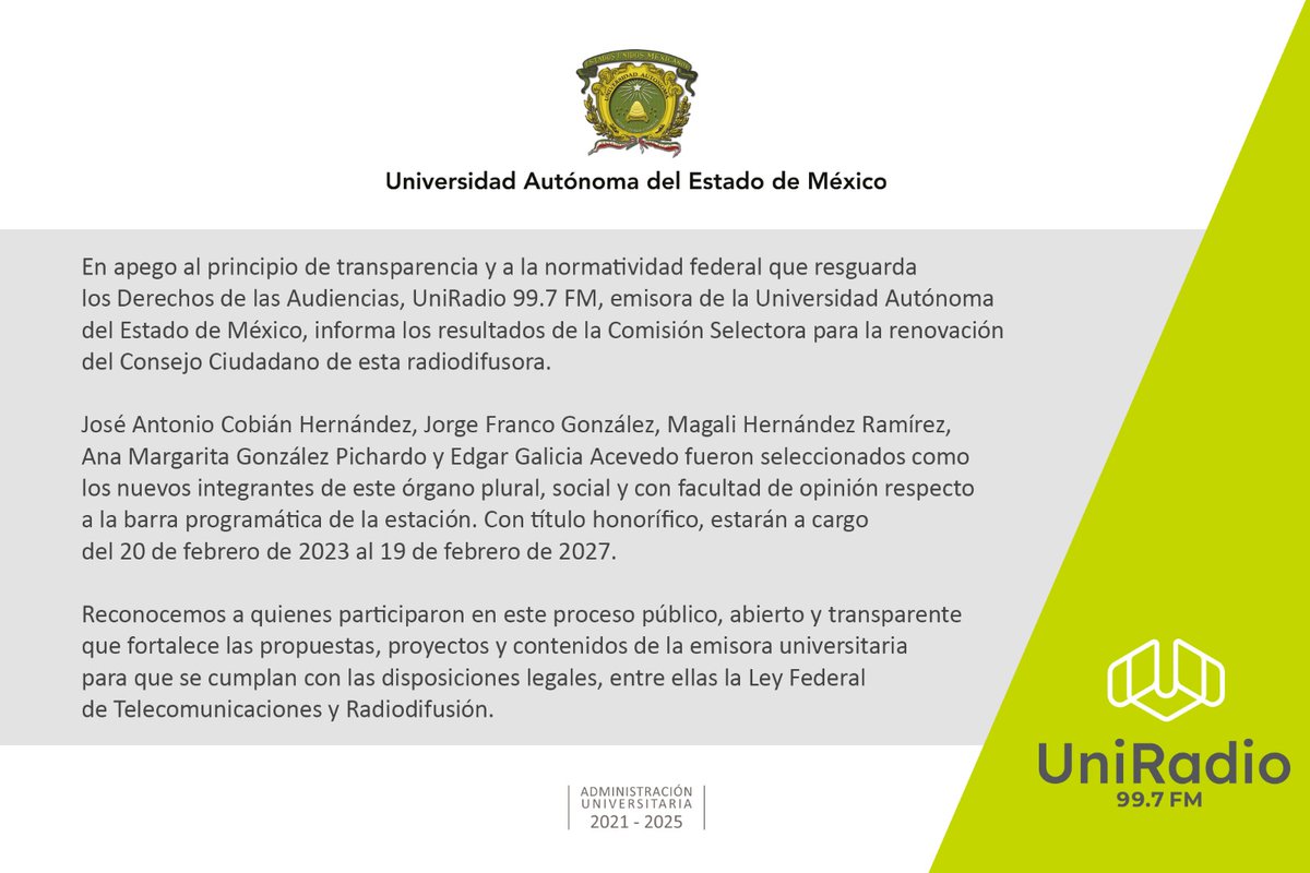 A nuestras audiencias:

<a href="/ConsejoUniRadio/">Consejo Ciudadano Uni Radio</a> <a href="/DGCU_UAEMex/">Dirección General de Comunicación Universitaria</a> 

#UniRadioVaConmigo
#SomosUAEMéx 💚 💛