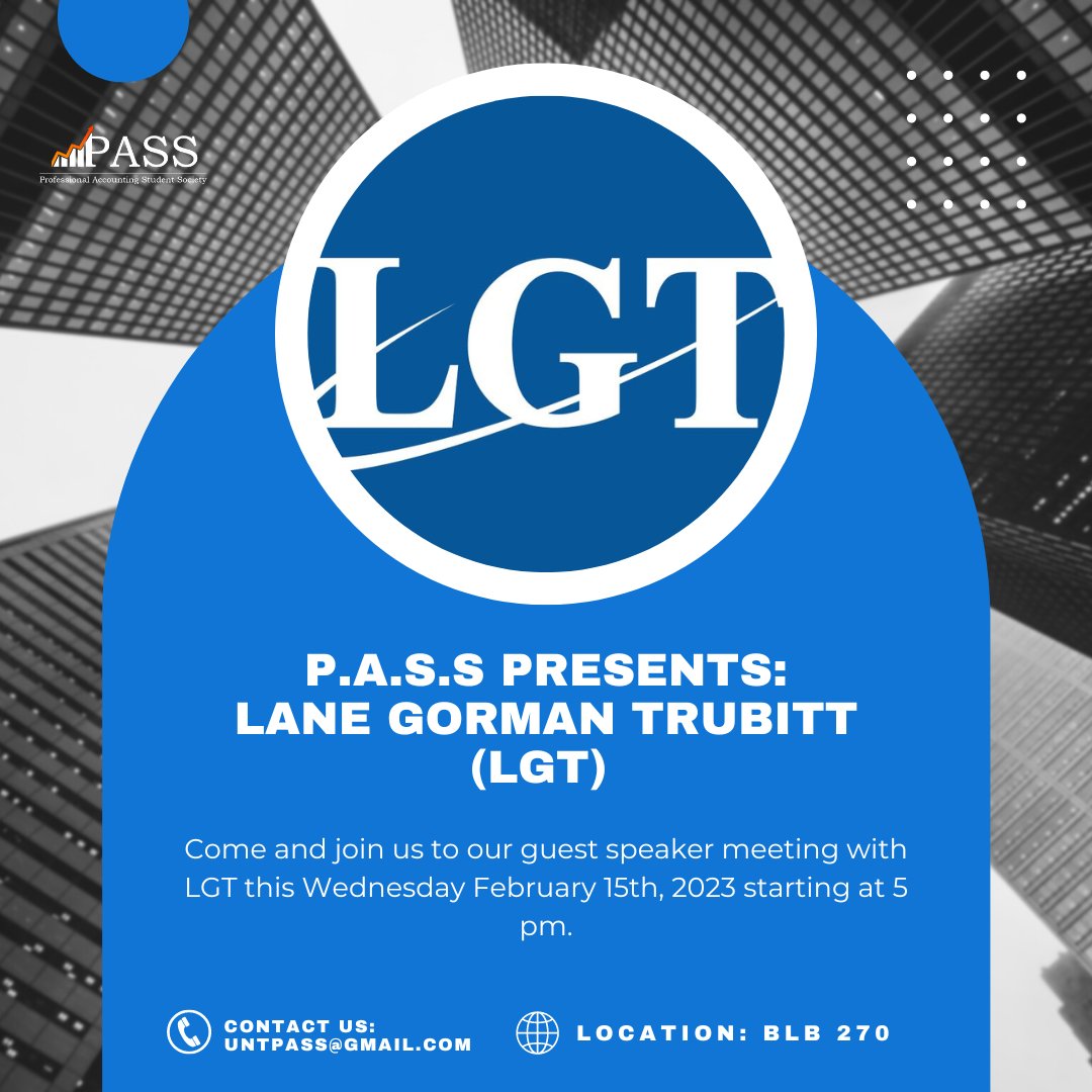 untpass's tweet photo. Hello Eagles
Tomorrow, we are having our guest speaker meeting with Lane Gorman Trubitt (LGT) starting at 5 pm. in the BLB Room 270. Be prepared with questions to ask or notes to take and see what LGT has to offer! Food will be provided as well! 
#untpass #lgt #guestspeaker #cpa https://t.co/5bvJcazcDh