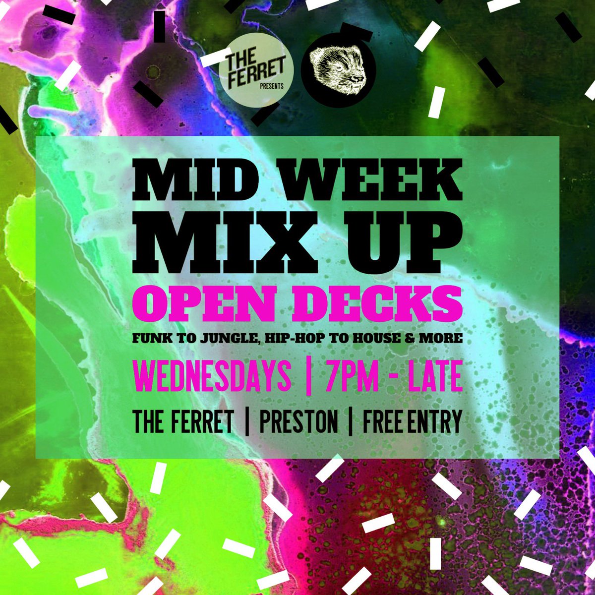 FerretPreston's tweet photo. The #MidWeekMixUp open decks is back TOMORROW! ๐ง๐ฅ
The Mid Week Mix Up features a whole range of local DJs behind the wheels, spinning Disco to DnB, Dubstep to Techno & moreโฆ ๐ชฉ https://t.co/YL5z77V9In