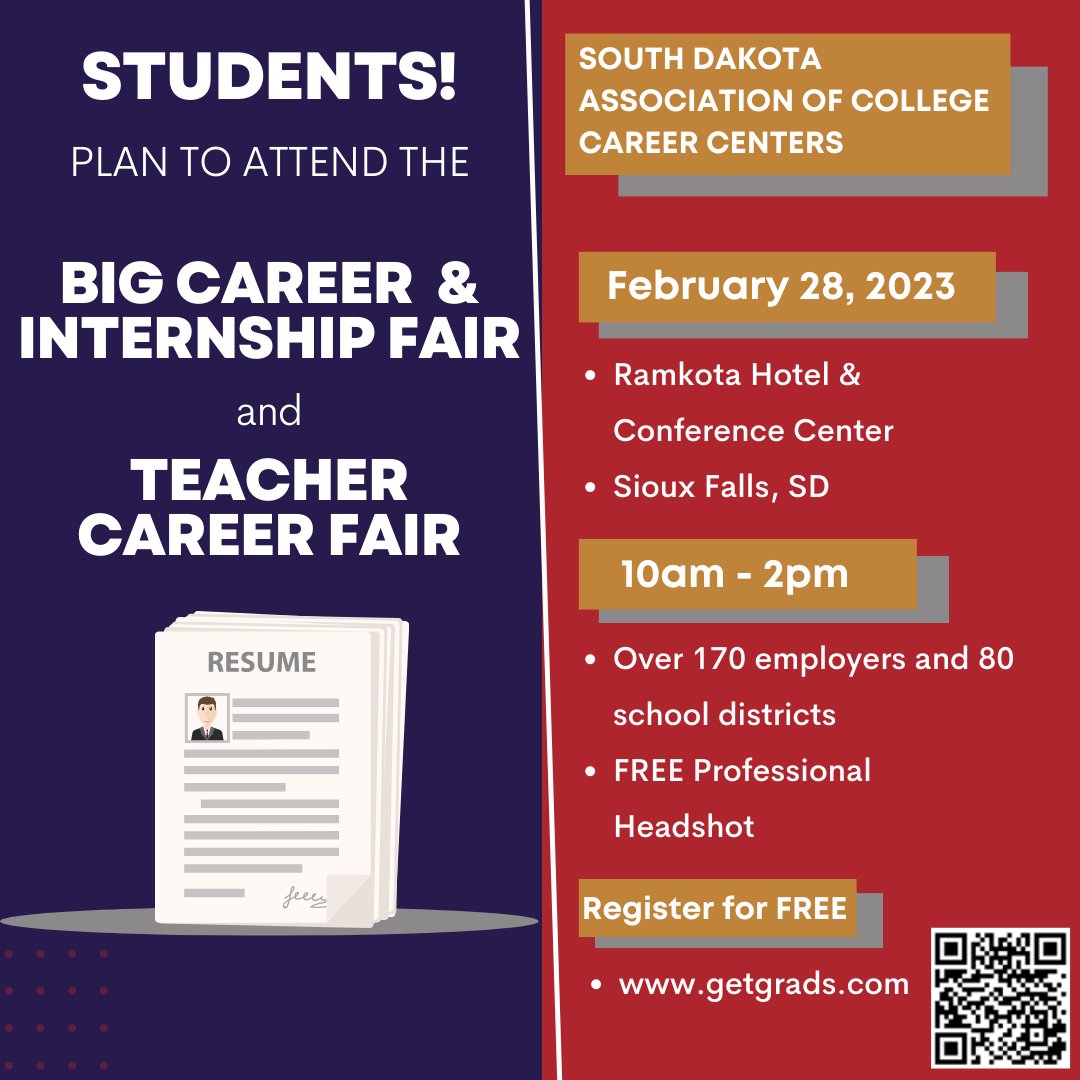 We are only two weeks away from the South Dakota B.I.G. (Business, Industry, and Government) Career &amp; Internship Fair and South Dakota Teacher Career Fair! Register for FREE now at getgrads.com!

#getbigjobs #sdteacherfair