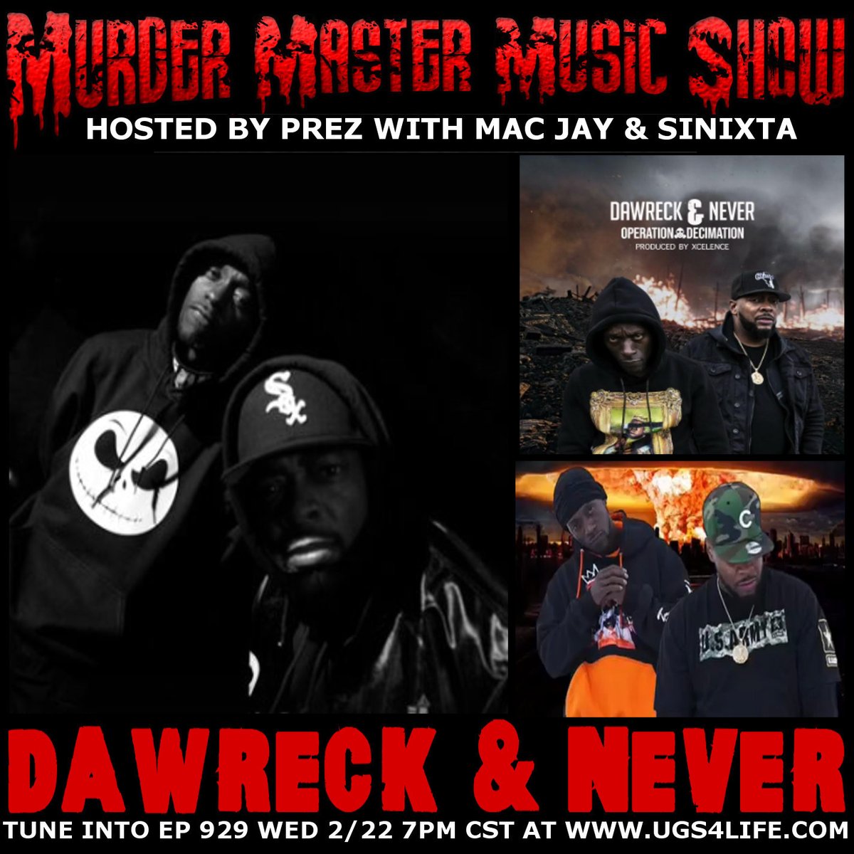 UGSocietyFTI's tweet photo. Tune into Ep 929 Wed 2/22 7pm CST
at https://t.co/YaZWjcHmSi w/ @Dawrecks and Never #dawreck #never
Like, Share, Subscribe Murder Master Music Show
#operationdecimation #chicagohiphop #chicagorap #realhiphop #realral #tripledarkness #cricialconflict #midwesthiphop #bars https://t.co/MI1Rt7Wapf