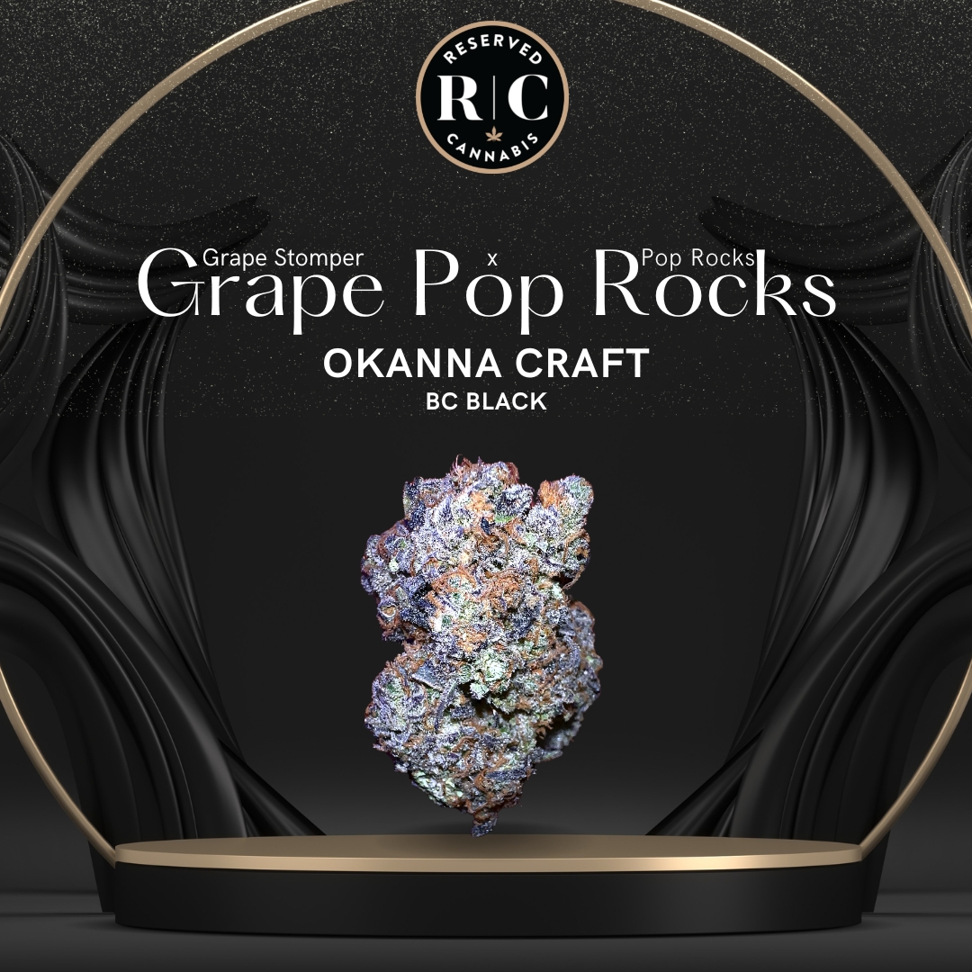 A hybrid strain made by crossing Pop Rocks and Grape Stomper, two powerful Indica-dominant strains that provide a mouthwatering grape explosion like flavour.
<a href="/BCBlackCannabis/">bcblackcannabis</a> 
THC: 27-30% 
Terpenes: 2-4%