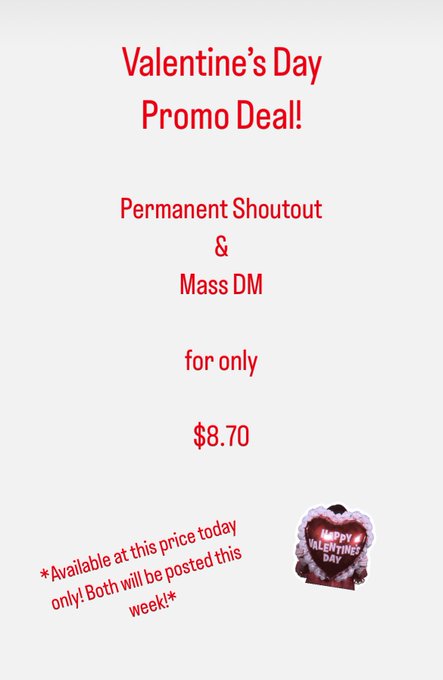 Valentine&rsquo;s Day Promo! #promo #onlyfans #buyingcontent #onlyfanspromo https://t.co/TXma5SXge7<a href="/tag/promo"class="tags">#promo</a><a href="/tag/onlyfans"class="tags">#onlyfans</a><a href="/tag/buyingcontent"class="tags">#buyingcontent</a><a href="/tag/onlyfanspromo"class="tags"><span>#onlyfanspromo</span></a>