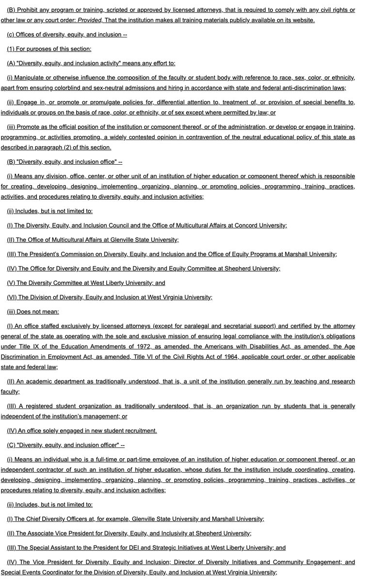 BREAKING: West Virginia legislators have introduced a bill to abolish DEI bureaucracies, ban coercive "diversity statements," prohibit mandatory racial reeducation, and end identity-based discrimination in the state's public universities.

This is a beautiful bill.