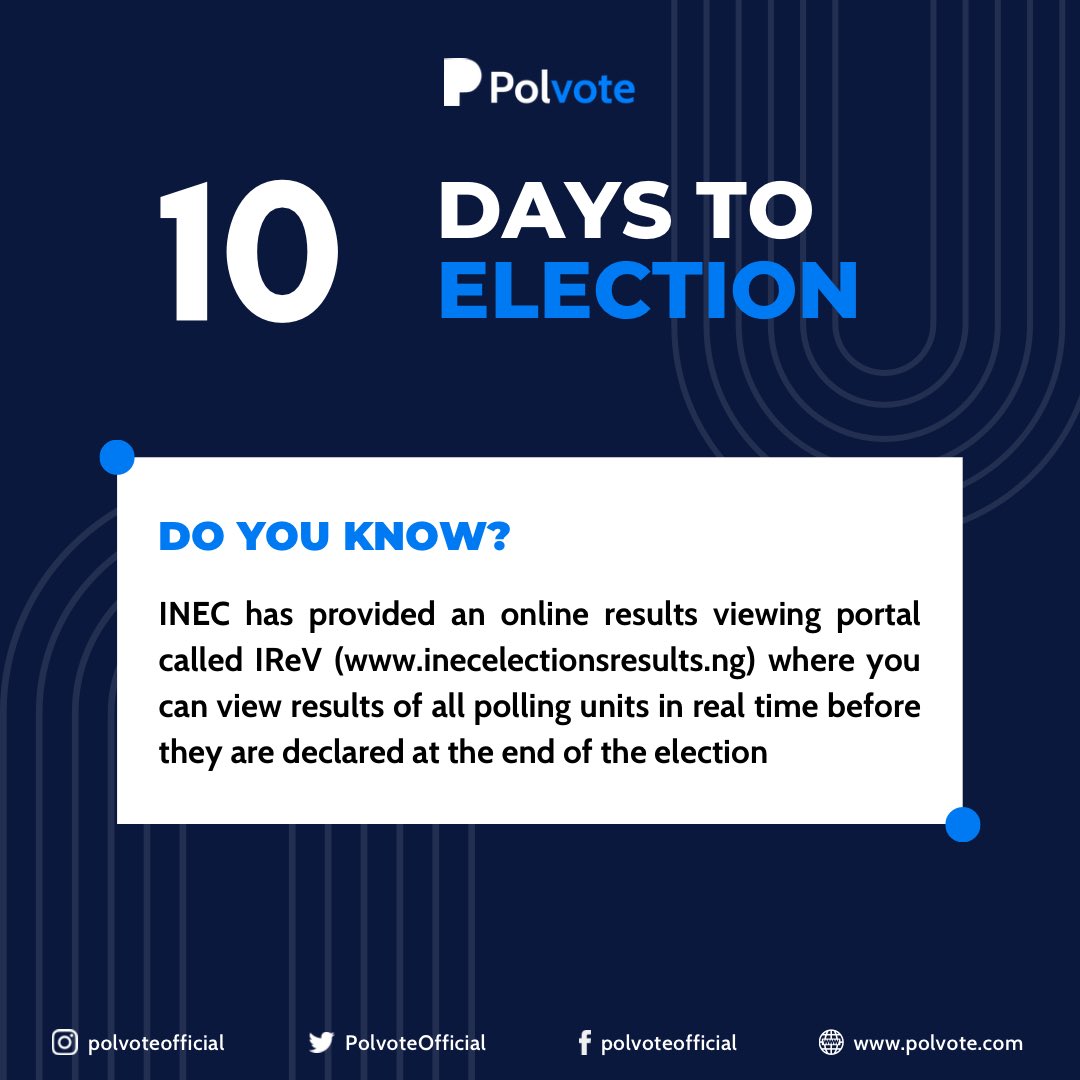 PolvoteOfficial's tweet photo. In order to enhance transparency, INEC has provided an online results viewing portal called IReV (https://t.co/lCS9CGIU8b) where you can view results of all polling units in real time before they are declared at the end of the election by INEC.

#2023Elections #Nigeria #Polvote https://t.co/aEwOhdWkOF