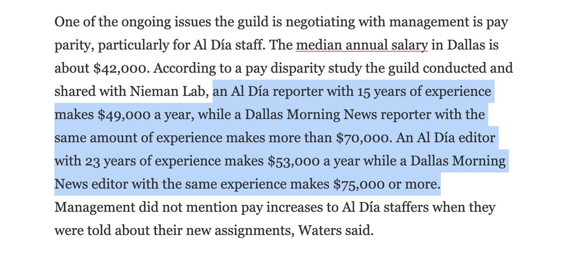 What @dallasnews is doing to @AlDiaDallas makes it clear how little media companies value bilingual journalists and community-centered journalism. There's a lot of pieces to this story but the pay disparities @DallasNewsGuild shared with me are alarming: niemanlab.org/2023/02/the-da…