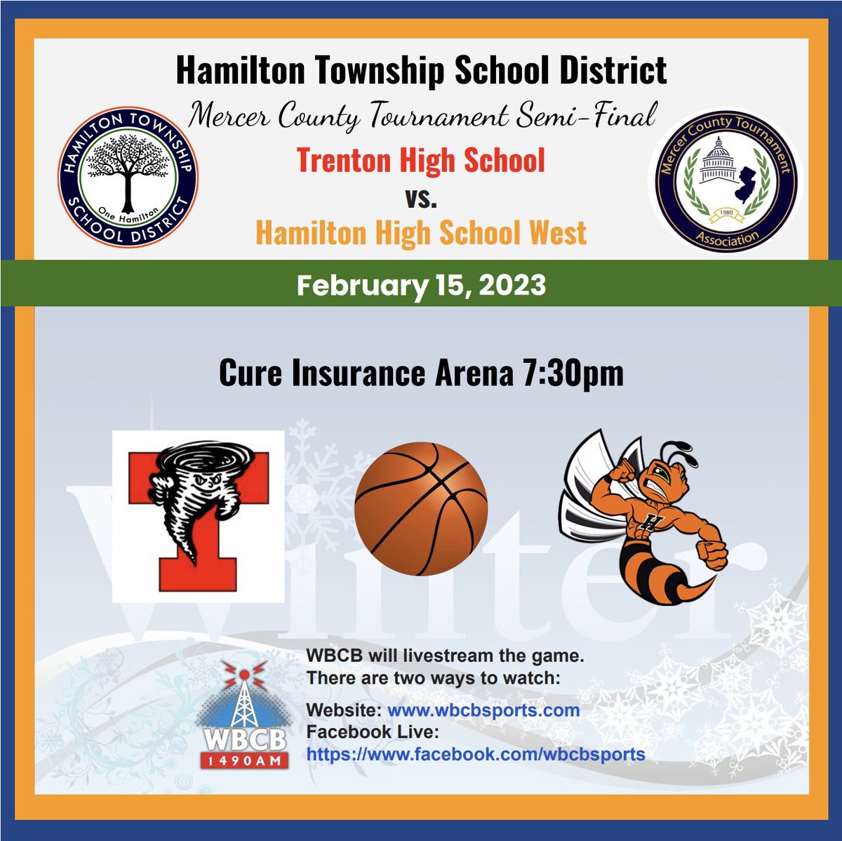 📣 TODAY in Hamilton! Mercer County Tournament Semi-Final Event 🏀 @WBCB_Sports Live Stream begins 7:20pm Game Time: 7:30pm Trenton Central HS vs. @HTSD_West Good luck, Hornets! 🐝 #HTSD #HTSDPride @ScottRRocco @HTSDSecondary @HHW_Athletics @WestVP_Flanagan @LauraGeltch