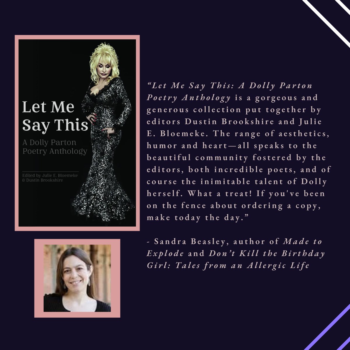 We appreciate these kind words from @SandraBeasley! #dollypoems #letmesaythisanthology #dollyparton #bookblurb
