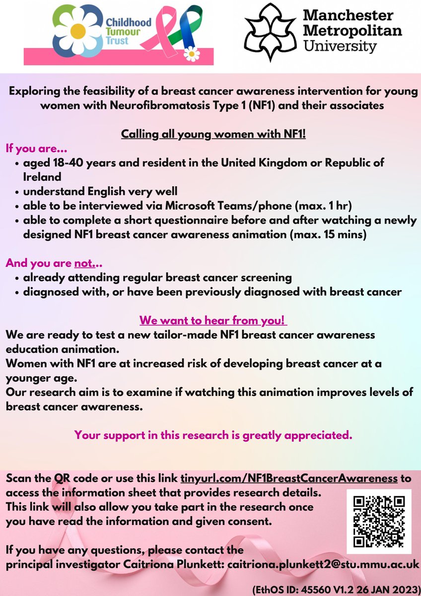 Are you a young woman with NF1 (18-40 years) in the UK or Ireland? @ChildhoodTT is proud to sponsor important research into breast cancer awareness specific to NF1 Full details can be found in the poster below or go to tinyurl.com/NF1BreastCance… to read full research information.