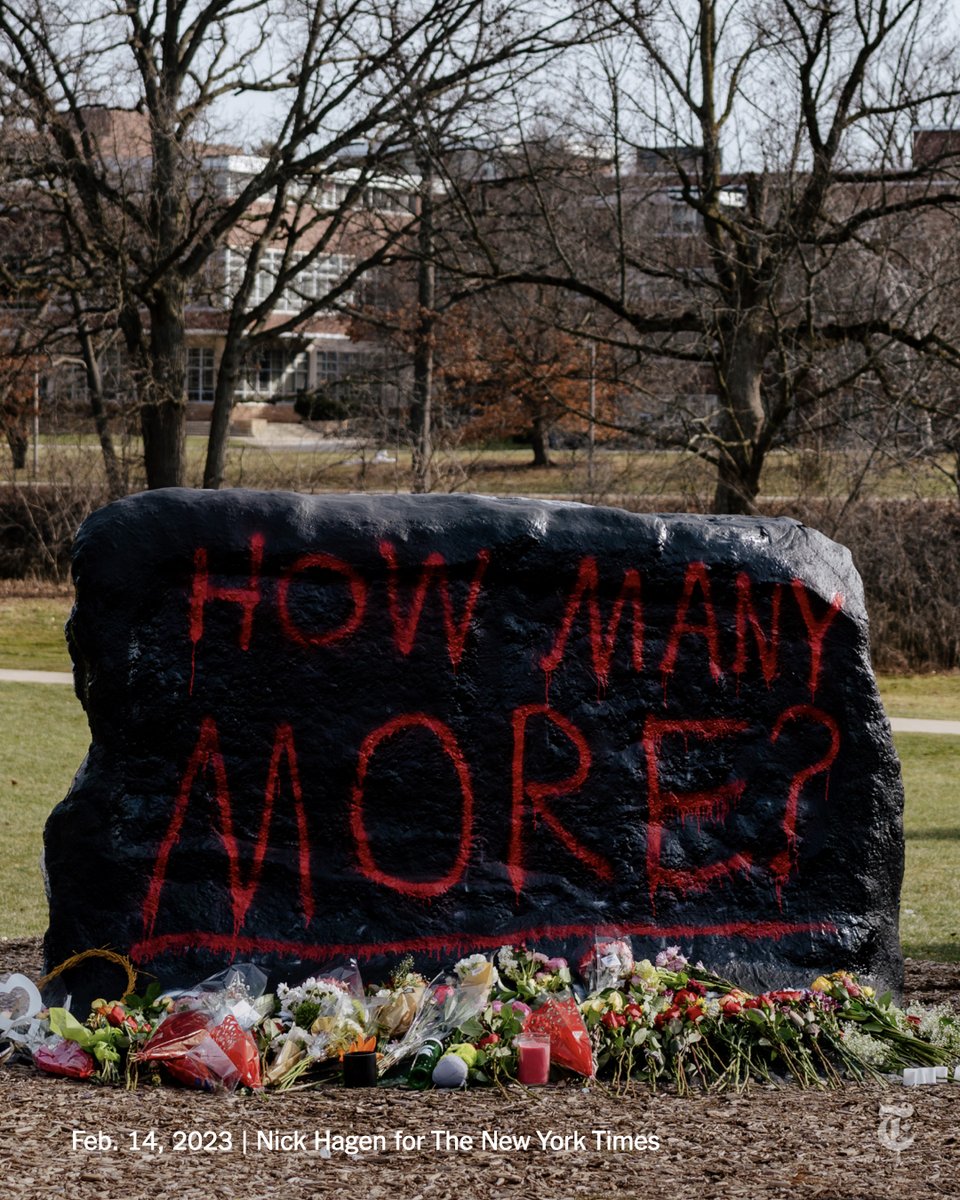 In the hours after a deadly mass shooting at Michigan State University, someone painted the Rock, a campus monument that has become a makeshift memorial, with a question: “How many more?” nyti.ms/3jQOxpH