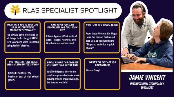 RLAS_DPL's tweet photo. Get to know instructional technology specialist and Apple stan Jamie Vincent! Happy birthday Jamie! #WeAreRL #116Pride https://t.co/ya3Hv2mUln