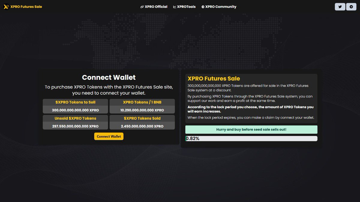 BscXPRO's tweet photo. Dear XPRO Community,
We are happy to present the XPRO Futures Sale.
By purchasing XPRO Tokens through the XPRO Futures Sale system, you can support our work and earn a profit at the same time!
π https://t.co/qhQibjYEyT
#XPRO #XProject #XPRONews #XPROTools $XPRO https://t.co/Rli5zWSPyv