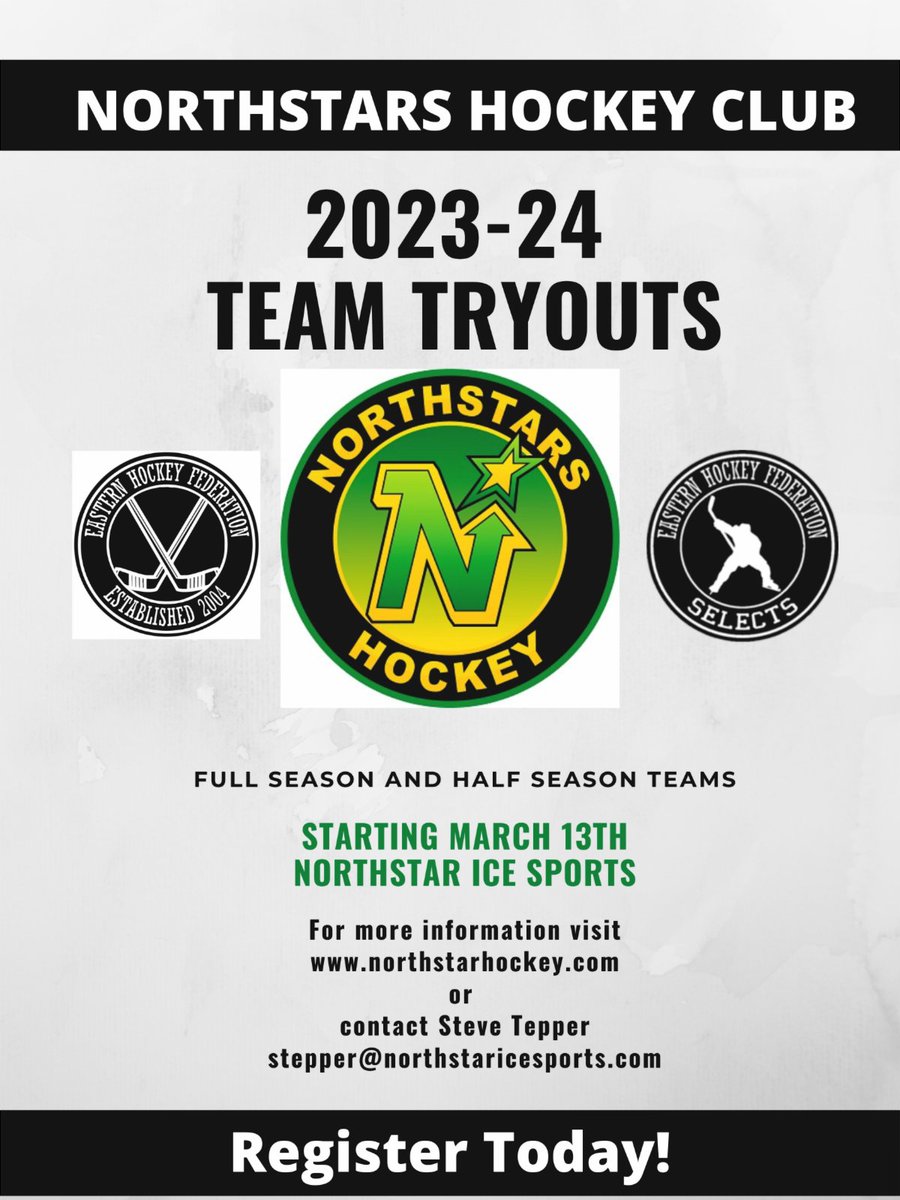 2023-24 NorthStars Hockey Club Team Tryouts announced.  For more information or to register online: 
conta.cc/3Iqpgfs