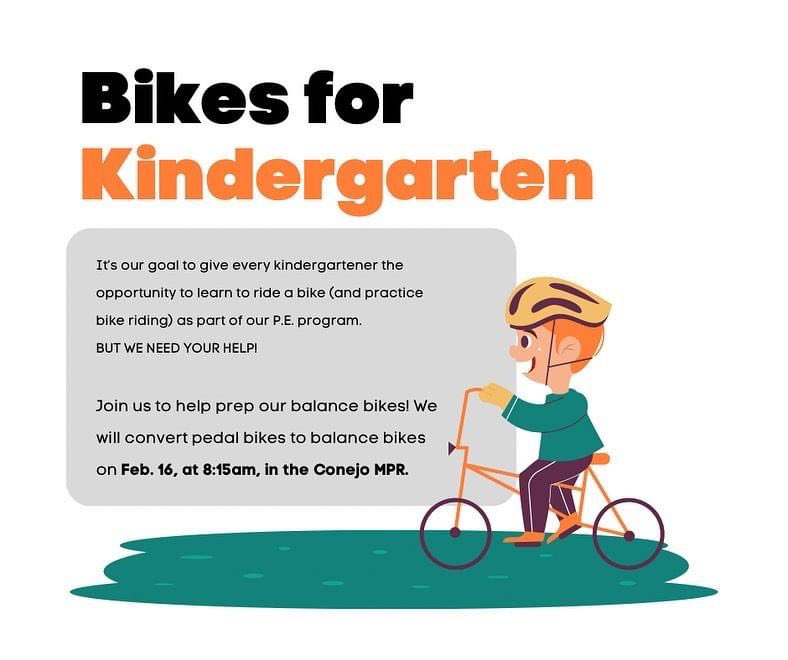 letsgoconejo's tweet photo. ATTENTION KINDERGARTEN FAMILIES: Your child will start riding bikes in P.E. - BUT WE NEED YOUR HELP!

Join us to help prep our balance bikes! We will convert pedal bikes to balance bikes on Feb. 16, at 8:15am, in the Conejo MPR.  Please join us!
#CVUSDforward #TLIM #DLI #PE https://t.co/dekbut2rOc
