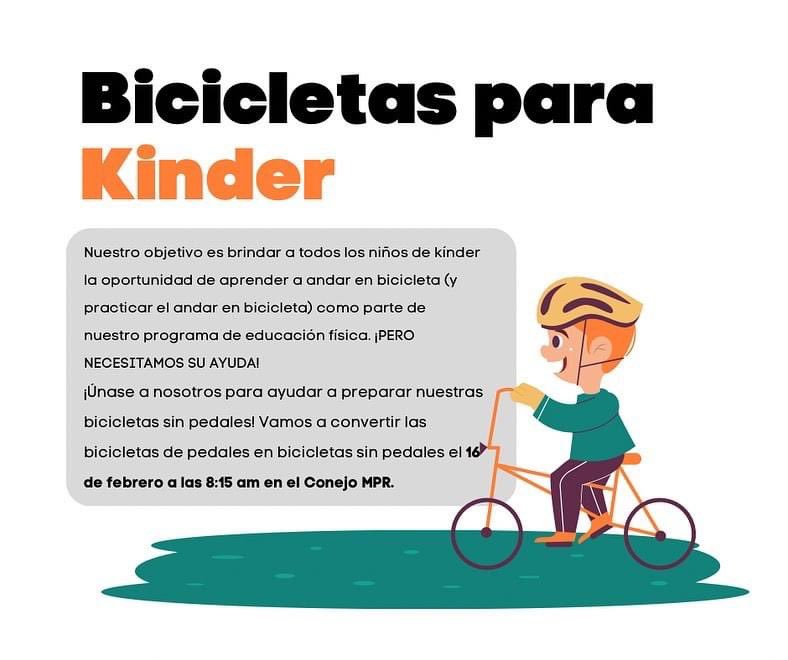 letsgoconejo's tweet photo. ATTENTION KINDERGARTEN FAMILIES: Your child will start riding bikes in P.E. - BUT WE NEED YOUR HELP!

Join us to help prep our balance bikes! We will convert pedal bikes to balance bikes on Feb. 16, at 8:15am, in the Conejo MPR.  Please join us!
#CVUSDforward #TLIM #DLI #PE https://t.co/dekbut2rOc
