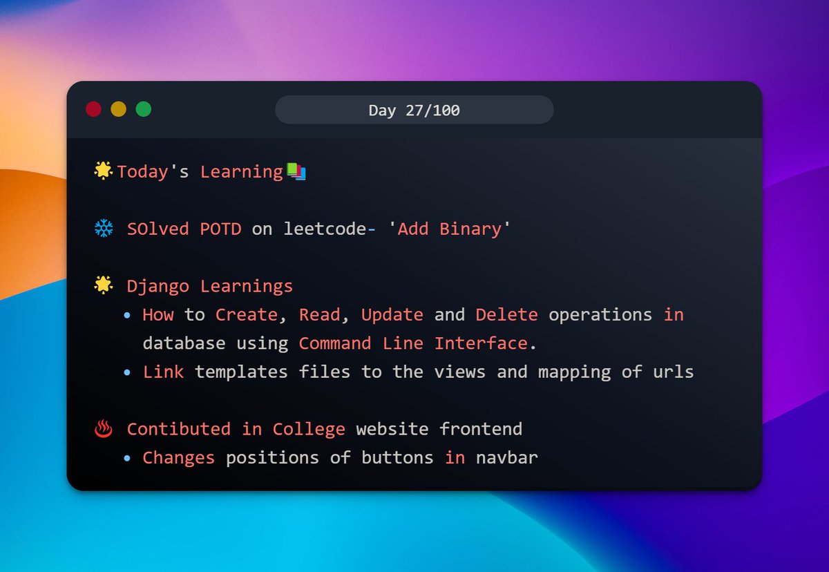 AnupeshVerma's tweet photo. Hello Folks !!!
Today I have learned some new but important topics of Django, how dynamic data can be displayed on the website using templates and following the DRY(Do Not Repeat Yourself) principle.
Also did the POTD of leetcode and contributed to my college website development. https://t.co/sm9HKMuucp
