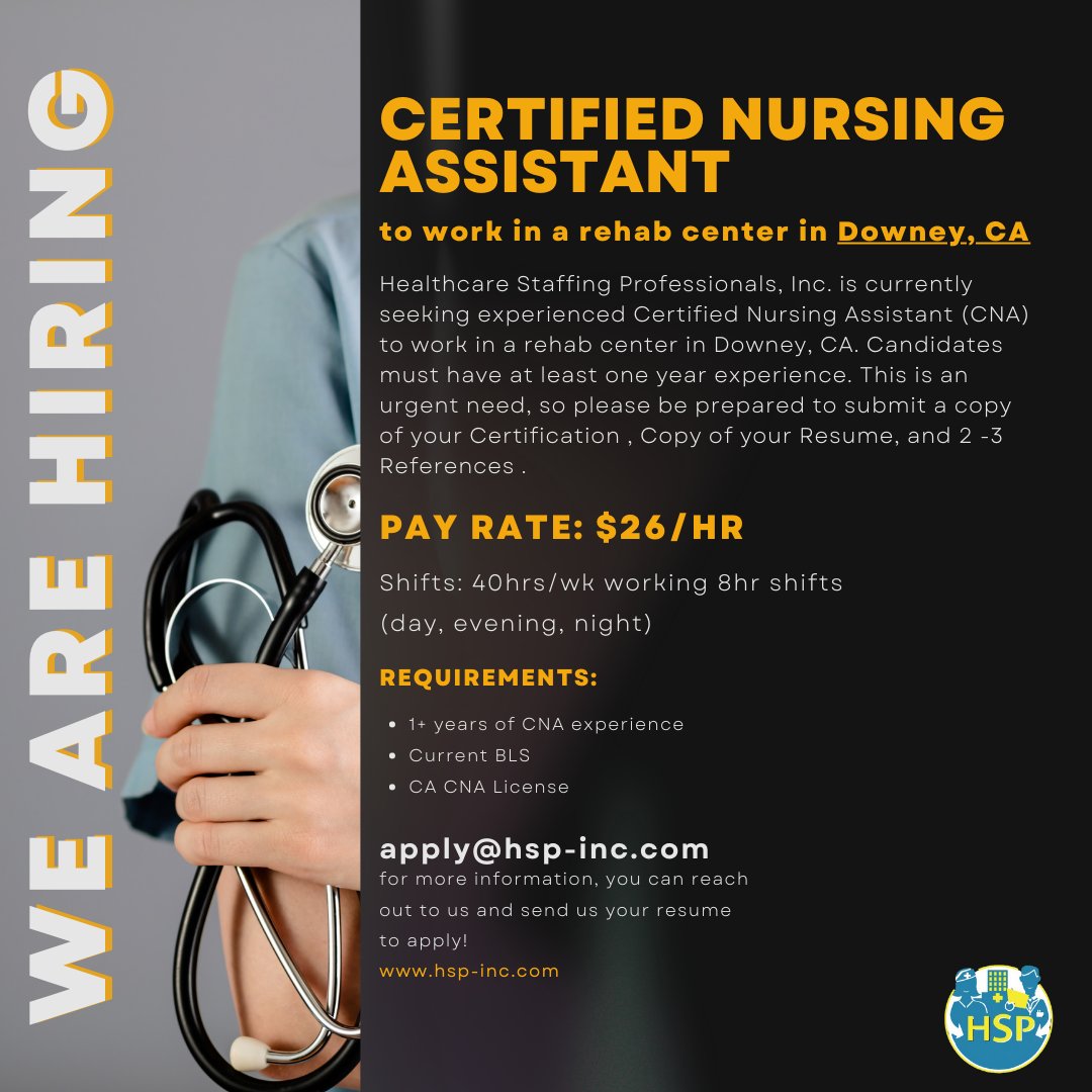 We are hiring a CNA to provide exceptional care at a rehabilitation center in Downey, CA. Apply now and make a difference in the lives of those in need! 
.
.
.
#CNACare #RehabCare #DowneyHealthcare #JoinOurTeam #certifiednursingassistant #cna #cnas