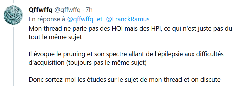 FranckRamus's tweet photo. Un neurologue anonyme sur Twitter avec 34k abonnés pond un long exposé de sa théorie perso du HPI. Interrogé, il explique que la définition neuro du HPI est différente de la définition psycho. Et se refusera toujours à donner la moindre source. Je suis désespéré. https://t.co/BoceCRoLJw