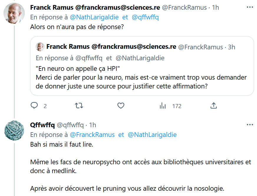 FranckRamus's tweet photo. Un neurologue anonyme sur Twitter avec 34k abonnés pond un long exposé de sa théorie perso du HPI. Interrogé, il explique que la définition neuro du HPI est différente de la définition psycho. Et se refusera toujours à donner la moindre source. Je suis désespéré. https://t.co/BoceCRoLJw