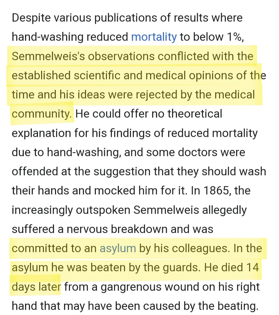 DrEliDavid's tweet image. In 1847, Hungarian physician Dr. Ignaz Semmelweis claimed hand washing by surgeons significantly reduces infections in patients. This went against the “settled science”. This is how the “medical experts” reacted: