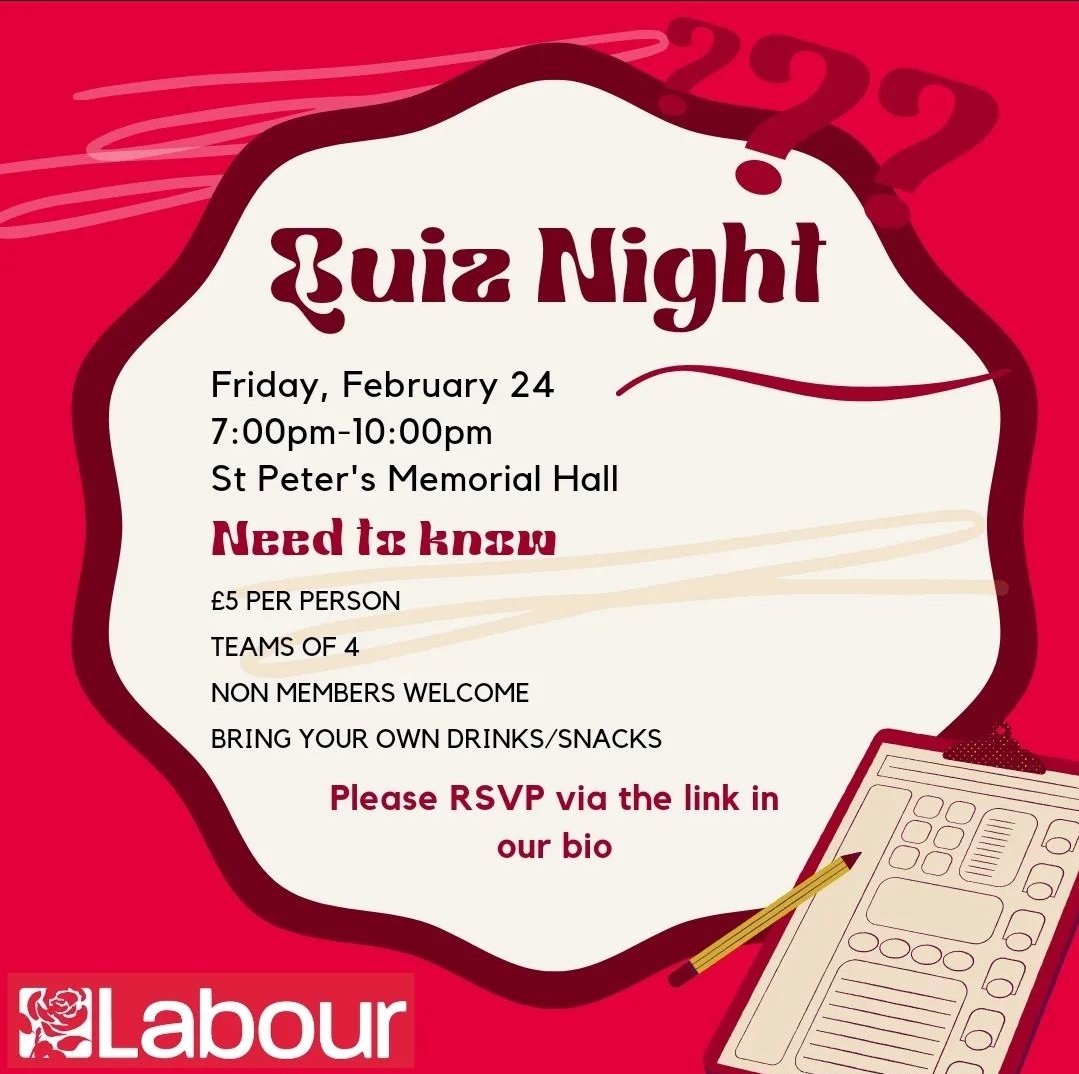 ThanetLab's tweet image. Don't forget to RSVP for our CLP quiz night on the 24th Feb via the link below:
events.labour.org.uk/event/367473
@LabourThanet