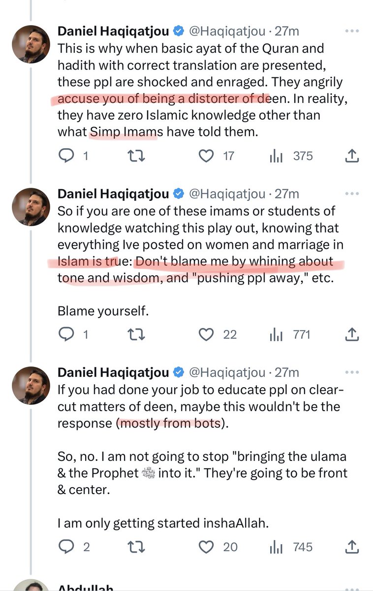 I highlighted key words that indicate particular ideas that are indicators that he reversed engineered manosphere & islamisized it

But many who oppose him only oppose bc of adab not his ideas

Opposing his ideas would mean radically challenging communal orientations