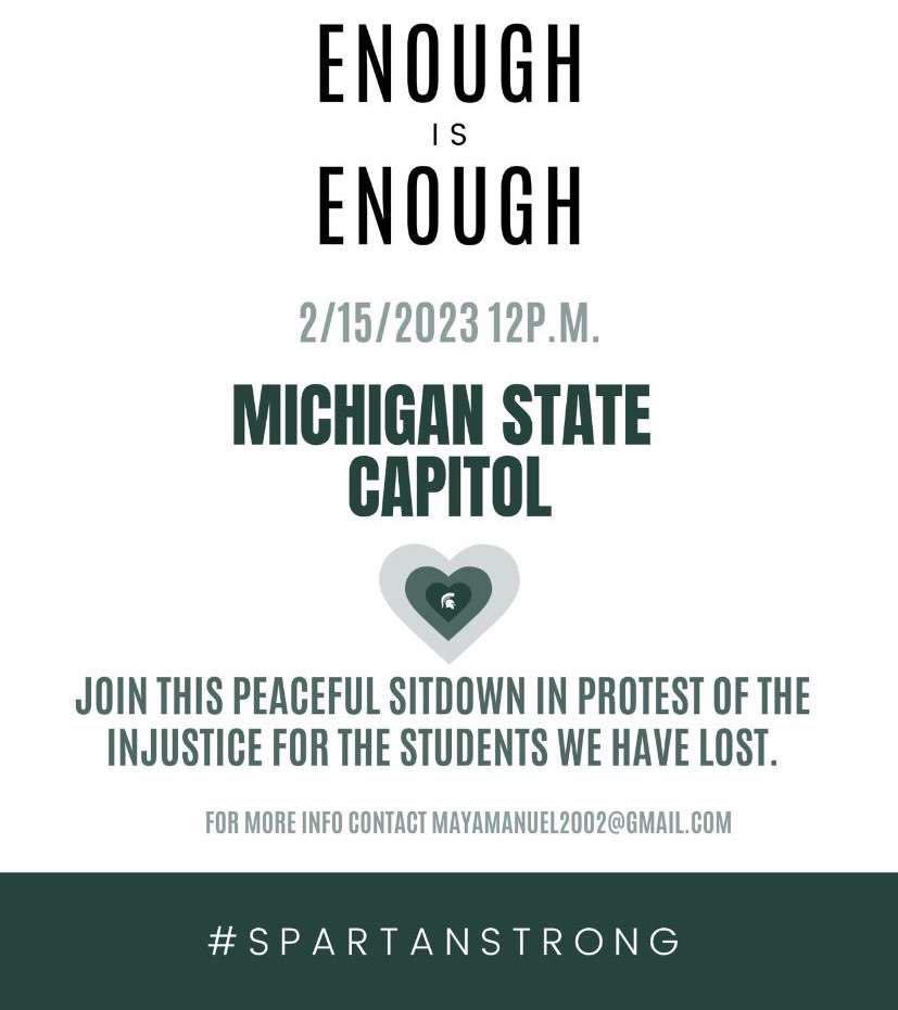 2 events supporting MSU and our community tomorrow: 
Peaceful sit-down at the Capitol, 12pm. 
Vigil at the Rock, 6pm. 
#SpartanStrong