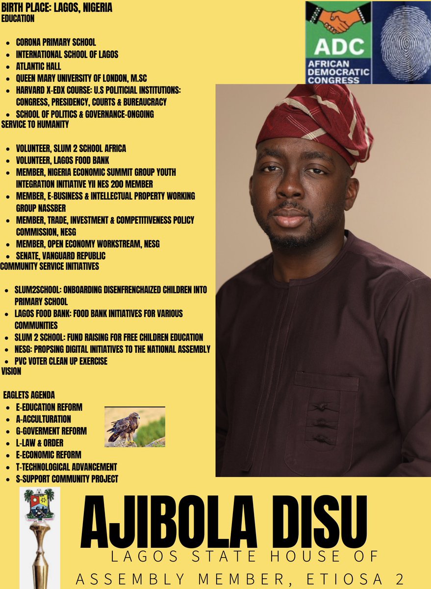 ElectAJD_23's tweet photo. Vote Ajibola Disu for Eti Osa 2(VI, Ikoyi &amp; Obalende) Lagos State House Of Assembly #SPPG #NigeriaDecides2023 #LagosState #NotTooYoungToRun #EtiOsa #FixPolitics #2023Elections #Vote4Nigeria #ReadyToRunNG #ReformersArise #ReformersInAction https://t.co/flMvRBIJ3E