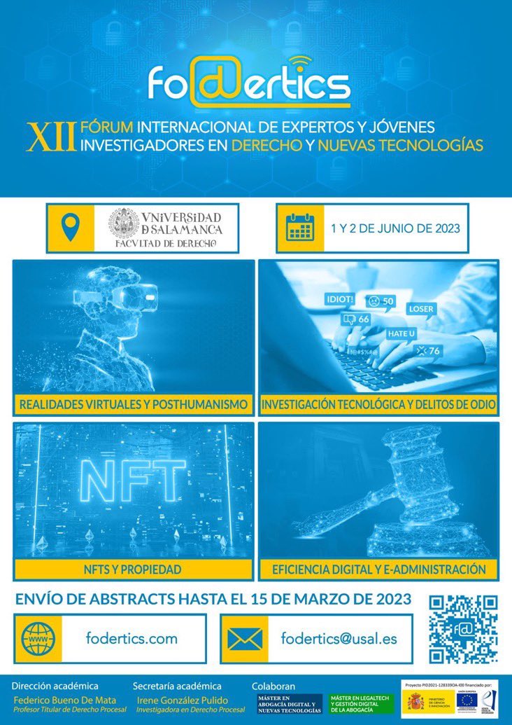 En un mes se cierra el Call for abstracts para participar en la edición 12 de Fodertics <a href="/foderticsusal/">FODERTICS</a> <a href="/usal/">Universidad de Salamanca</a> <a href="/FacDerechoUsal/">Facultad de Derecho</a> <a href="/irenearenal/">Irene GzP</a> Consulta bases en fodertics.com