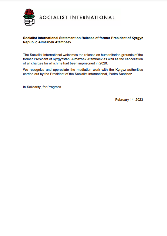 The Socialist International welcomes the release on humanitarian grounds of former Kyrgyz President Almazbek Atambaev and thanks President <a href="/sanchezcastejon/">Pedro Sánchez</a> for his mediation.