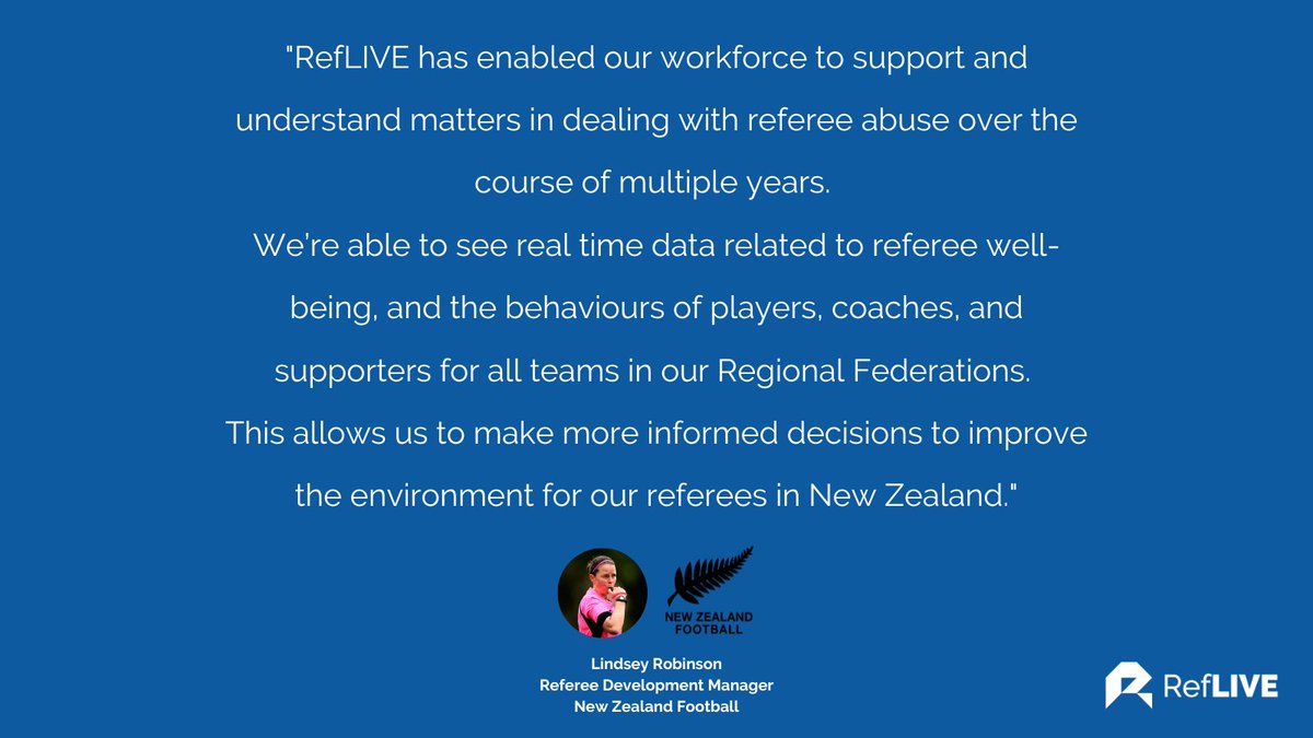 RefLIVEapp's tweet photo. "RefLIVE has enabled our workforce to support and understand matters in dealing with referee abuse over the course of multiple years."

Amazing feedback from @NZ_Football who have been using RefLIVE for the last 3 years.

Looking forward to another great year @linzi_robinson https://t.co/GiJ6LGaSH1