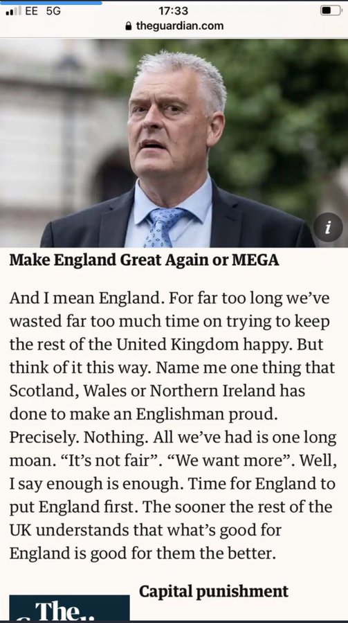 Tory deputy chairman Lee Anderson gives his views on the Scots the Welsh &amp; those from N Ireland 
He makes it clear England is the only important nation with in the Union 
Its time for #Independence 
Unionists would hate you to RT this