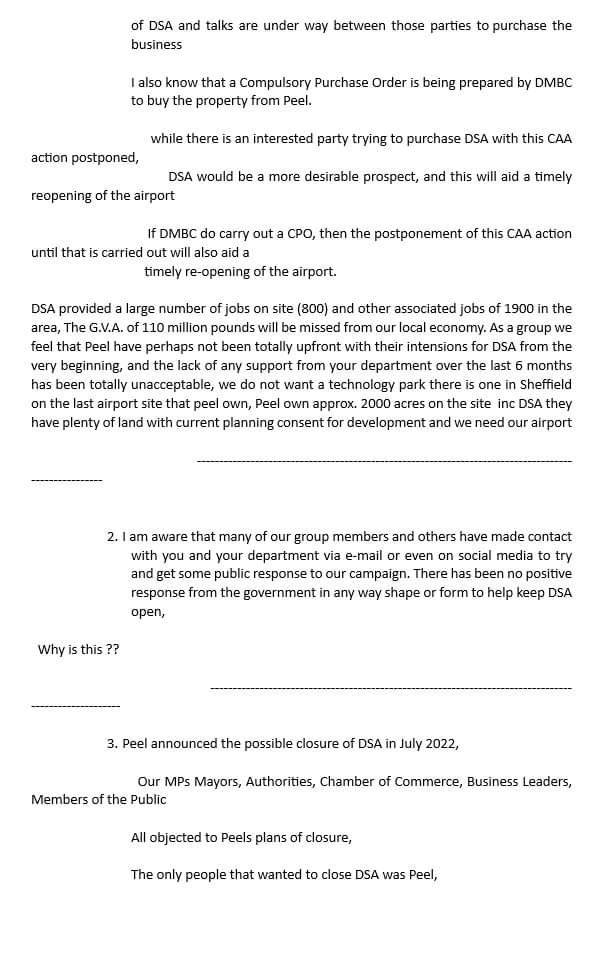 save_dsa's tweet photo. Here's the letter we sent to @Mark_J_Harper @transportgovuk
Asking that they look into the @UK_CAA proposed removal of designated airspace from our @dsa_airport
this needs to be postponed to enable a timely reopening when a deal is done
#saveDSA #saveDSAairspace #itsnotover https://t.co/b8vNQ00IC4