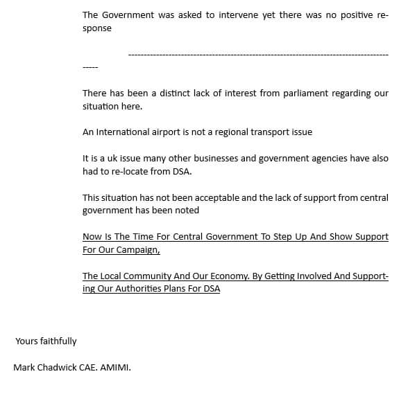 save_dsa's tweet photo. Here's the letter we sent to @Mark_J_Harper @transportgovuk
Asking that they look into the @UK_CAA proposed removal of designated airspace from our @dsa_airport
this needs to be postponed to enable a timely reopening when a deal is done
#saveDSA #saveDSAairspace #itsnotover https://t.co/b8vNQ00IC4