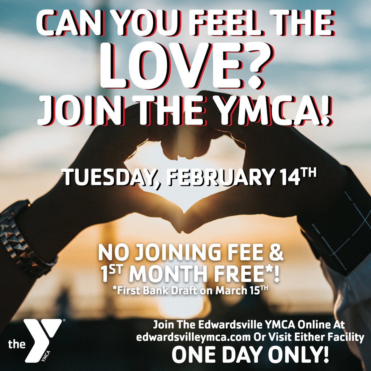 There is still time to take advantage of this great Valentine's Day membership deal! When you join today, you won't pay anything for your first month! Come into either the Meyer or Niebur Centers until 9:00pm or join online until 11:59pm! 

Click here: edwardsville.recliquecore.com/memberships/-1/